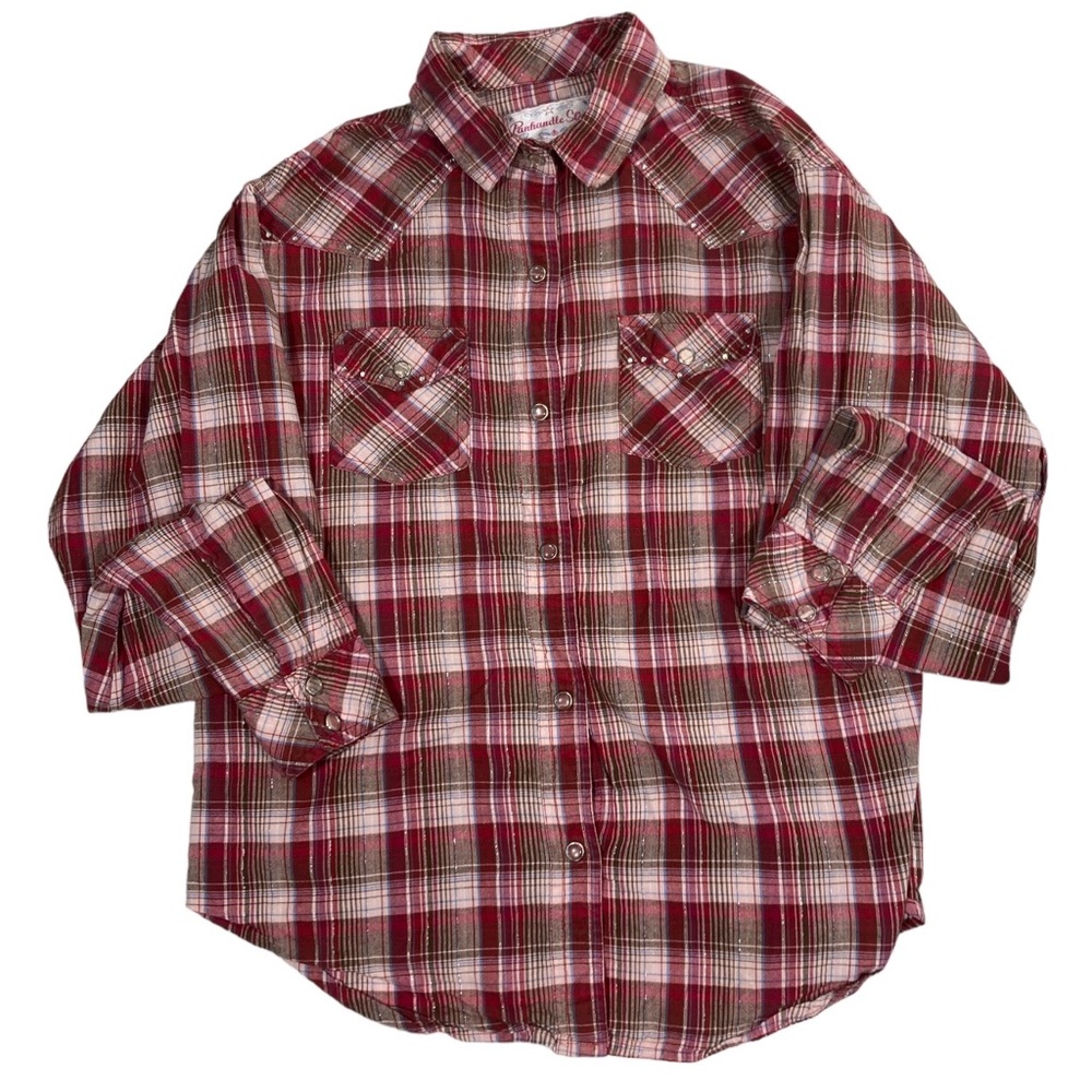 Panhandle Slim Red Plaid Metallic Threads Snap Pearl Western Shirt